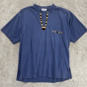 Artesania Landa Pullover Shirt Size XL Blue‎ Embroidered Trim V-Neck Peru Cotton